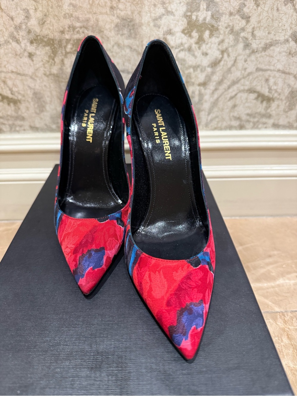 Saint Laurent Red & Blue Floral Print Stiletto Pumps